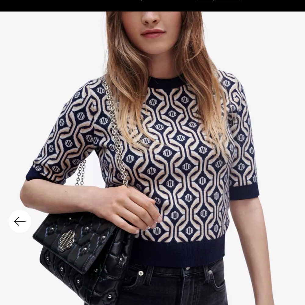 Maje Navy and Cream Patterned Crop Sweater